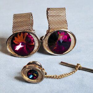 Vintage MCM Aurora Borealis Oval Gold Tone Mesh Foldover Cufflinks & Tie Tack